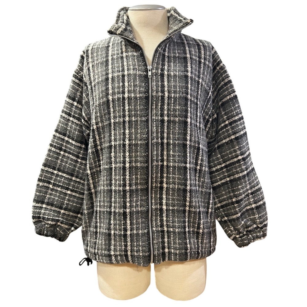 Earth Ragz Mens Plaid Full Zip Fleece Jacket Grey Black White Checkered Size M